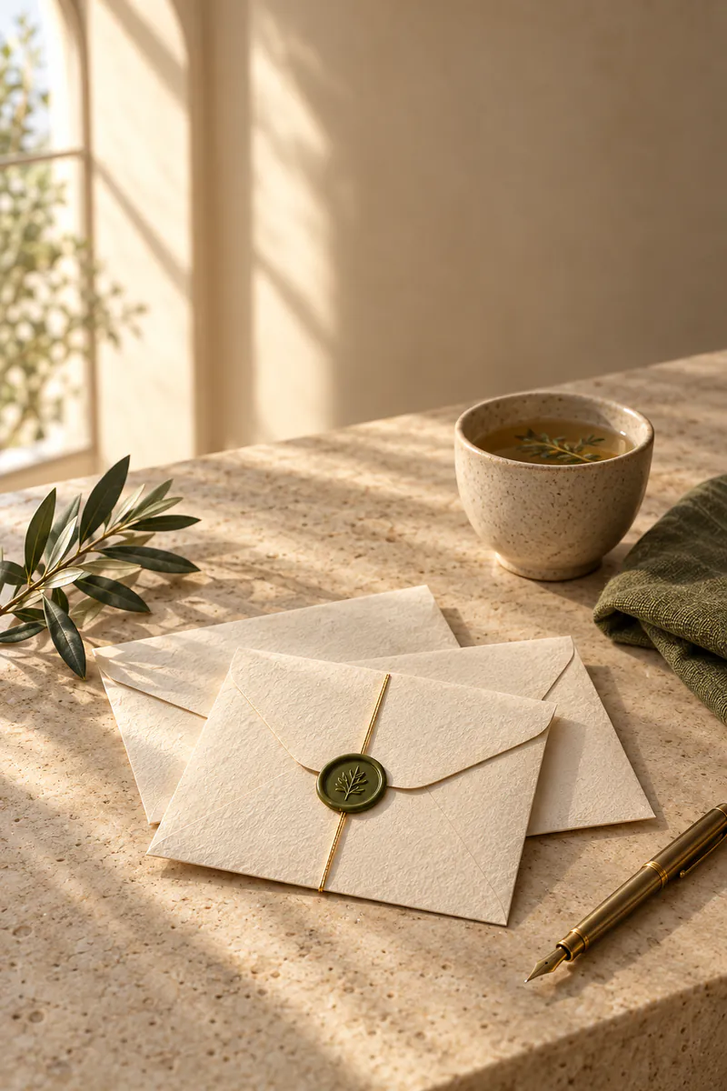 Three cream envelopes on a travertine table in warm morning light, the front one sealed with olive-green wax and tied with a fine gold thread, beside a sprig of olive leaves, a cup of herbal tea, an olive linen cloth and a brass fountain pen.