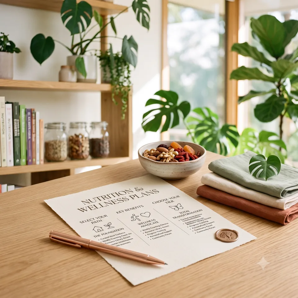 A printed Rosalyx nutrition and wellness plan resting on an oak table, beside a bowl of nuts and dried fruit, folded linen and a wax seal.